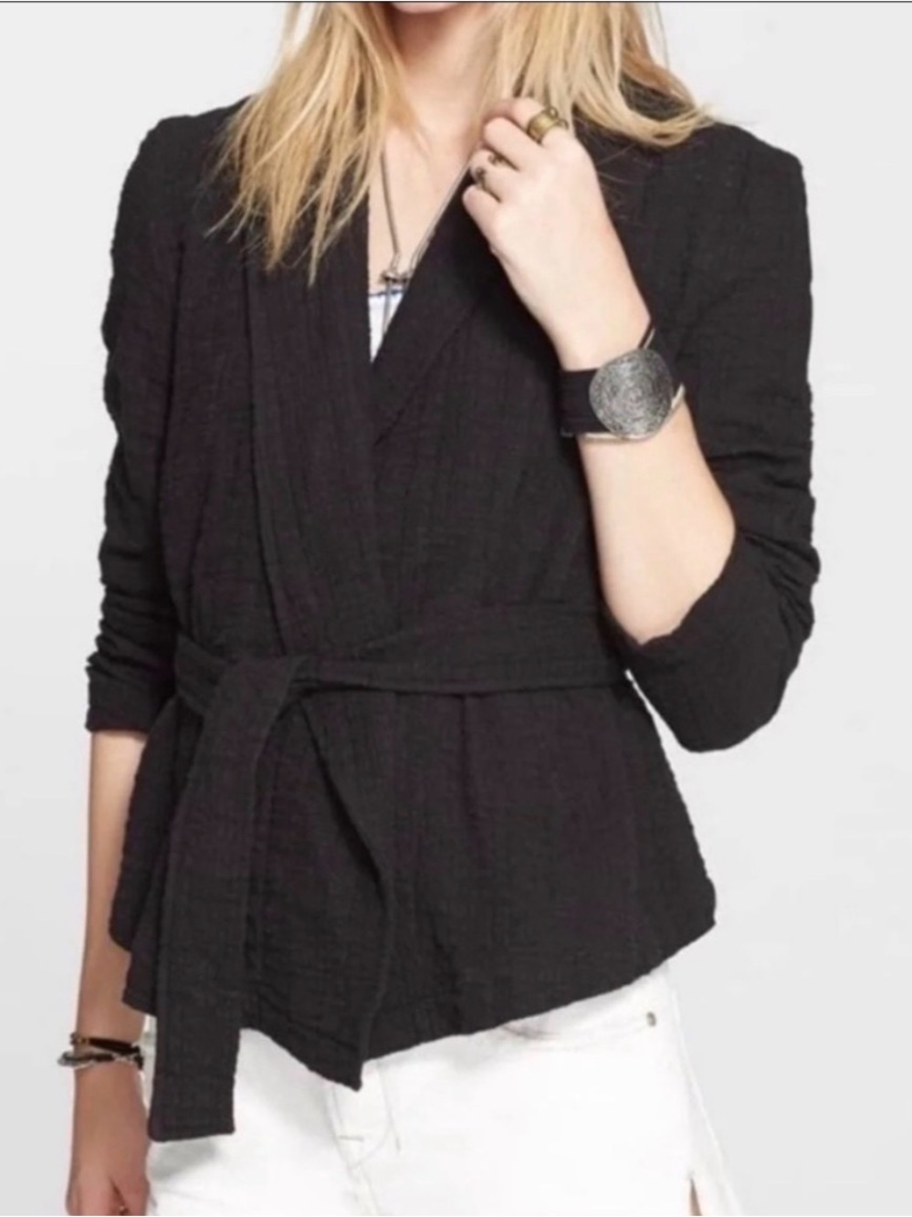 Free People black gauze seersucker slouchy belted wrap blaze size M